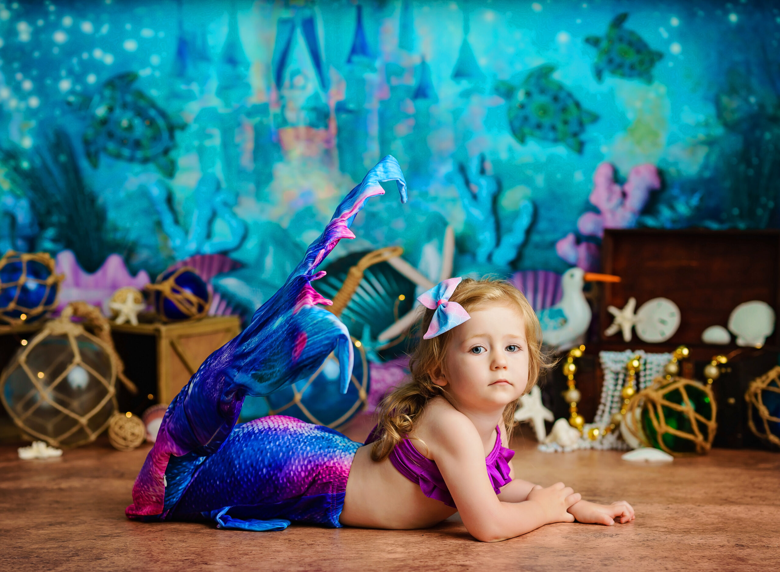 A little girl models a mermaid outfit while lying on her belly in a mermaid scene.