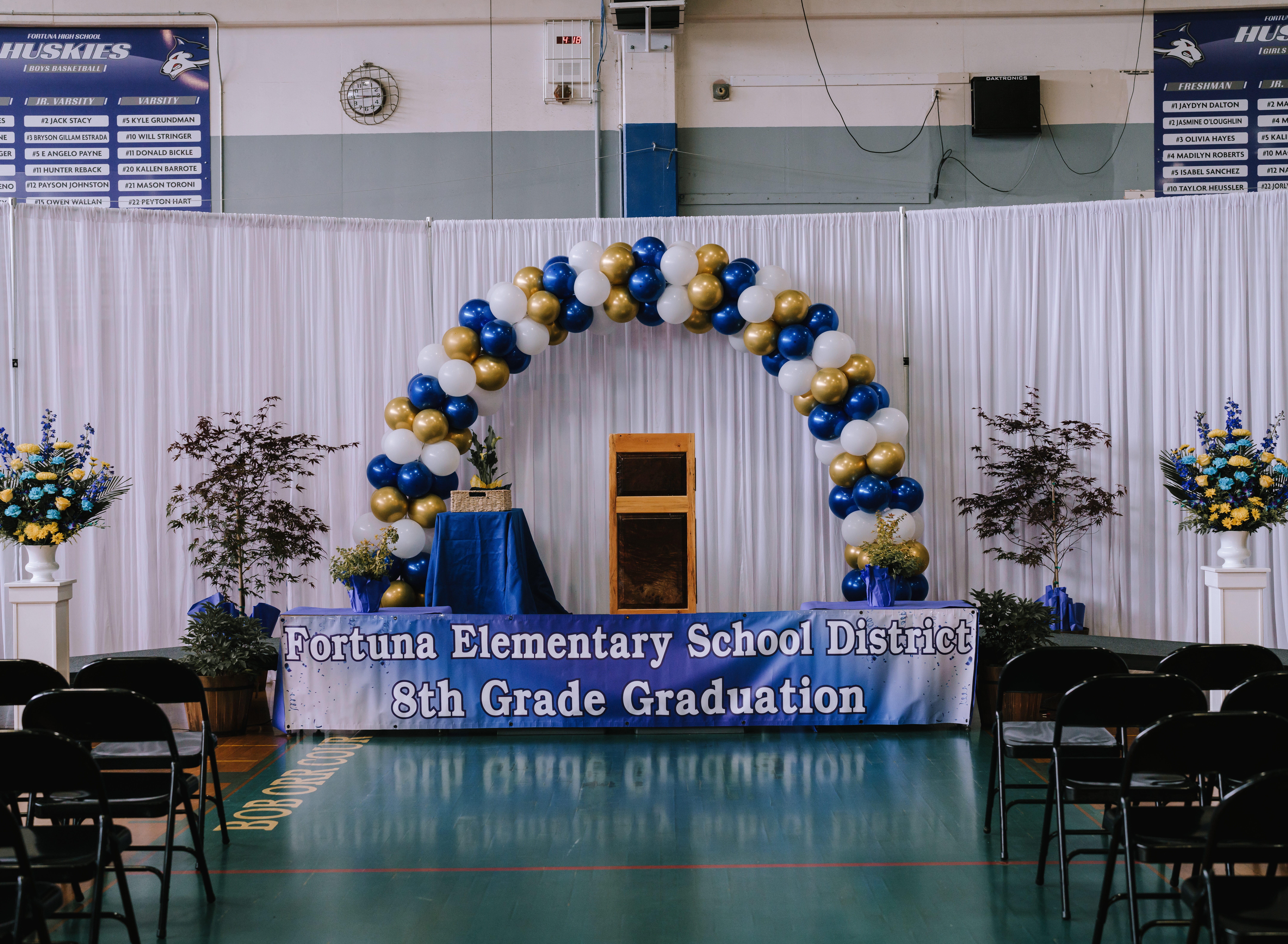 The inside of the Fortuna High Gym, all decorated for the Fortuna Middle School graduation.